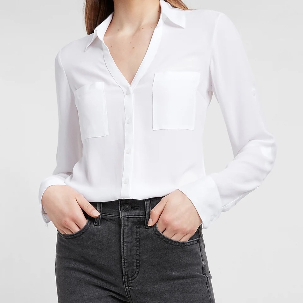 Express Women’s Cream Button-Up Long Sleeve Shirt with Adjustable Sleeves